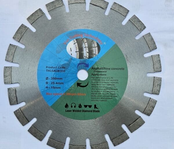 VCT TH15ALW350 350mm laser welded diamond blade for asphalt and new concrete — full blade view with deep draft segment profile and Vus Cutting Technology green label