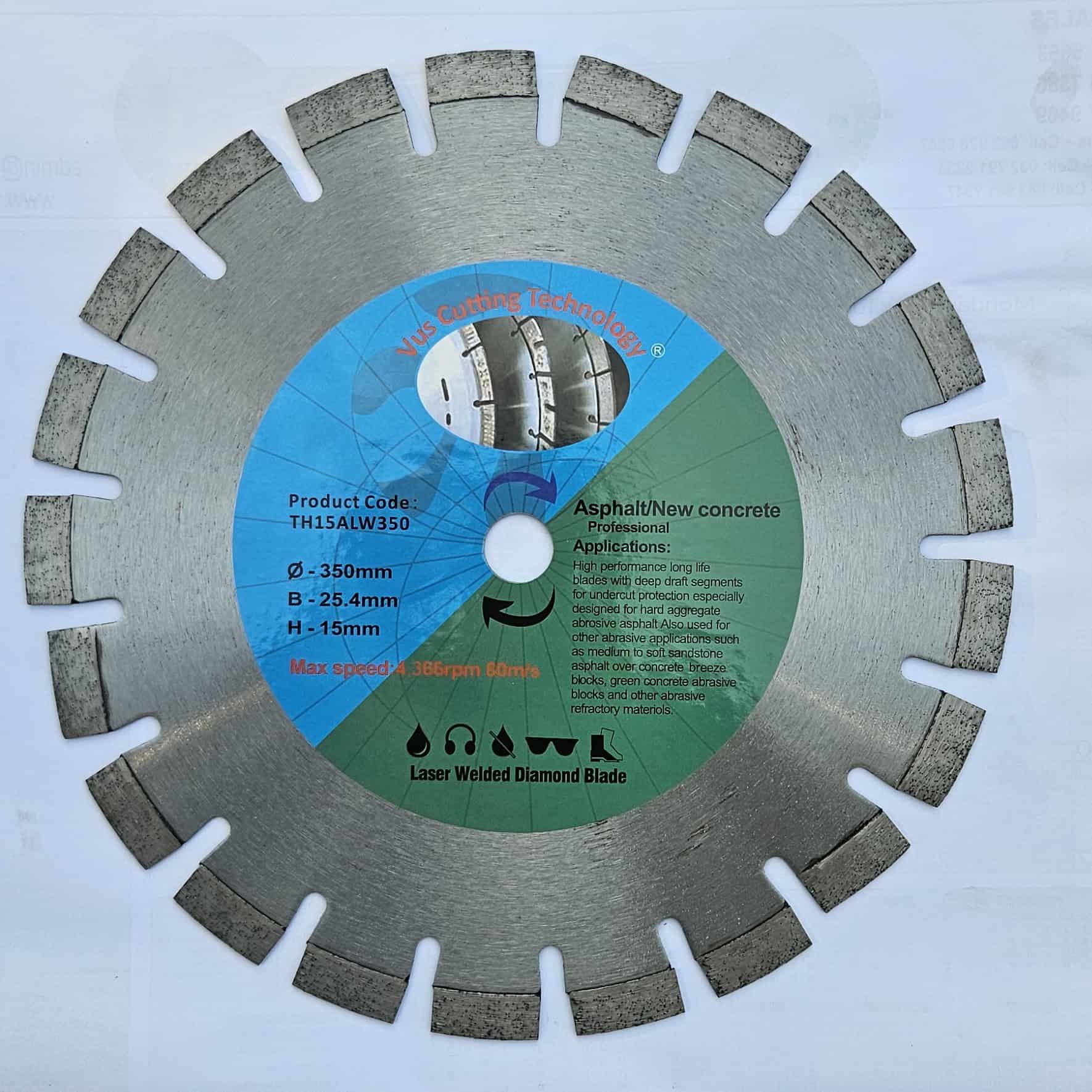 VCT TH15ALW350 350mm laser welded diamond blade for asphalt and new concrete — full blade view with deep draft segment profile and Vus Cutting Technology green label