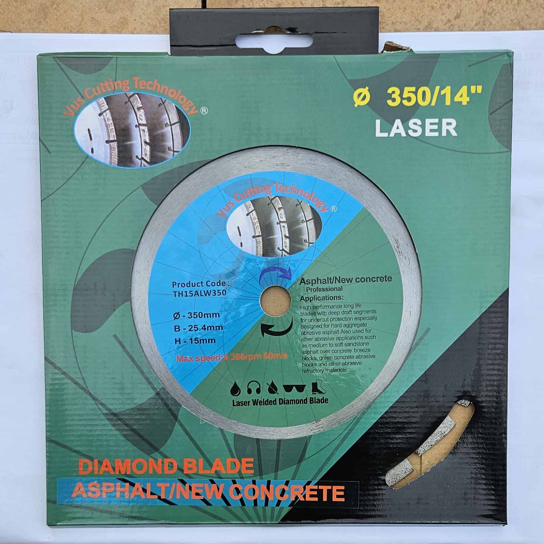 VCT TH15ALW350 350mm 14 inch laser welded diamond blade for asphalt and new concrete in retail packaging — Vus Cutting Technology green box