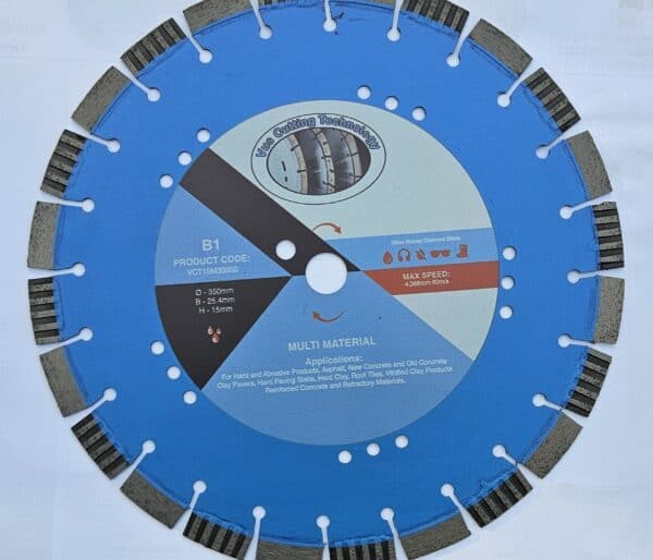 VCT B1 VCT15M30350 350mm silver brazed multi material diamond blade in retail packaging — Vus Cutting Technology blue box showing 14 inch silver blade for multi material cutting