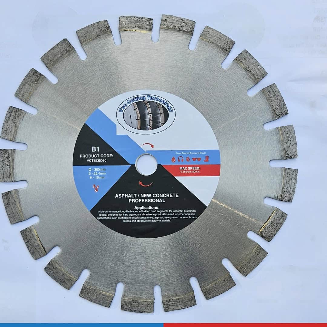 VCT B1 350mm silver brazed asphalt and new concrete diamond blade — full blade view showing deep draft segment design for undercut protection