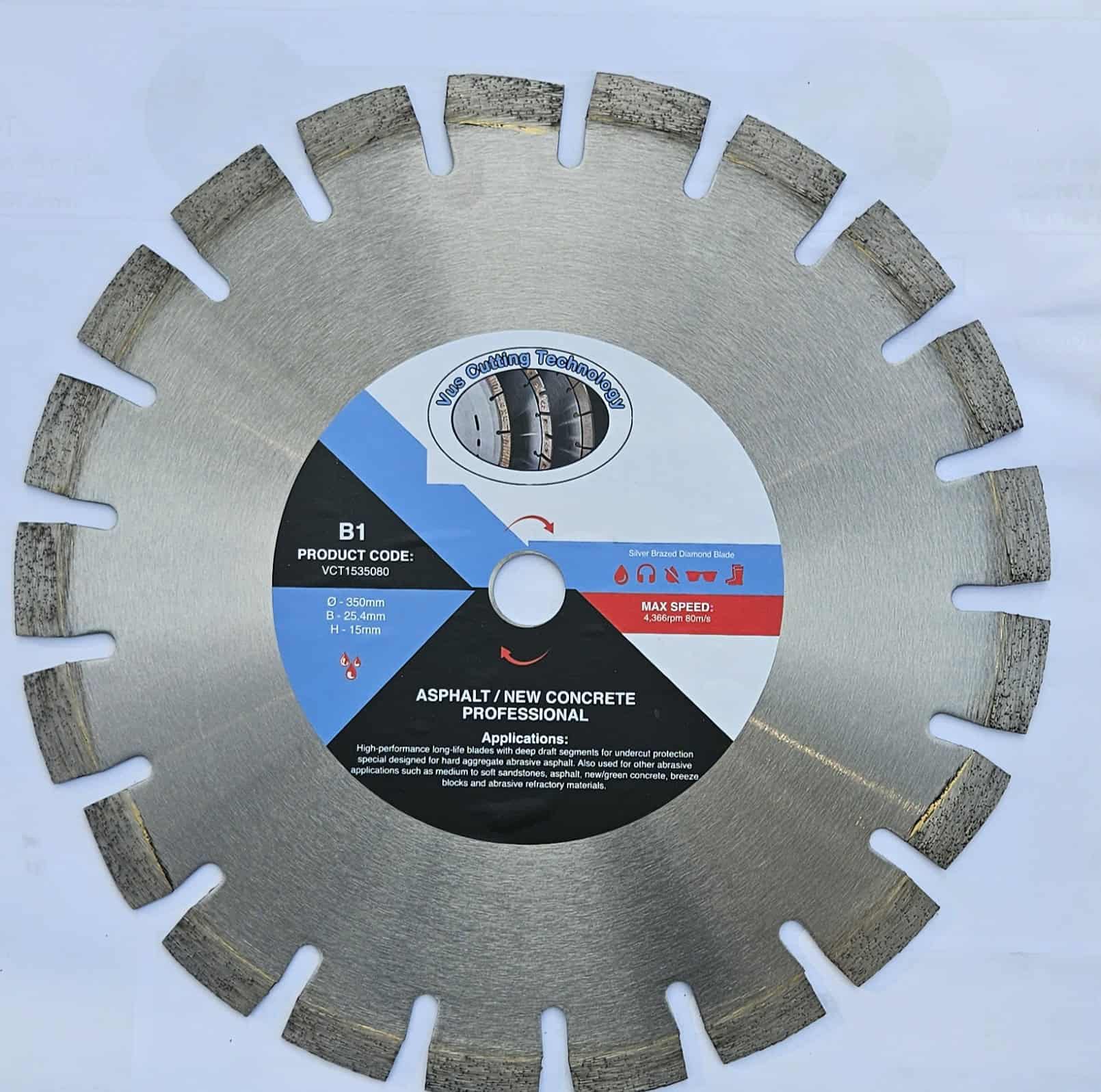 VCT B1 VCT1535080 350mm silver brazed diamond blade for asphalt and new concrete — side label view showing applications and Vus Cutting Technology branding