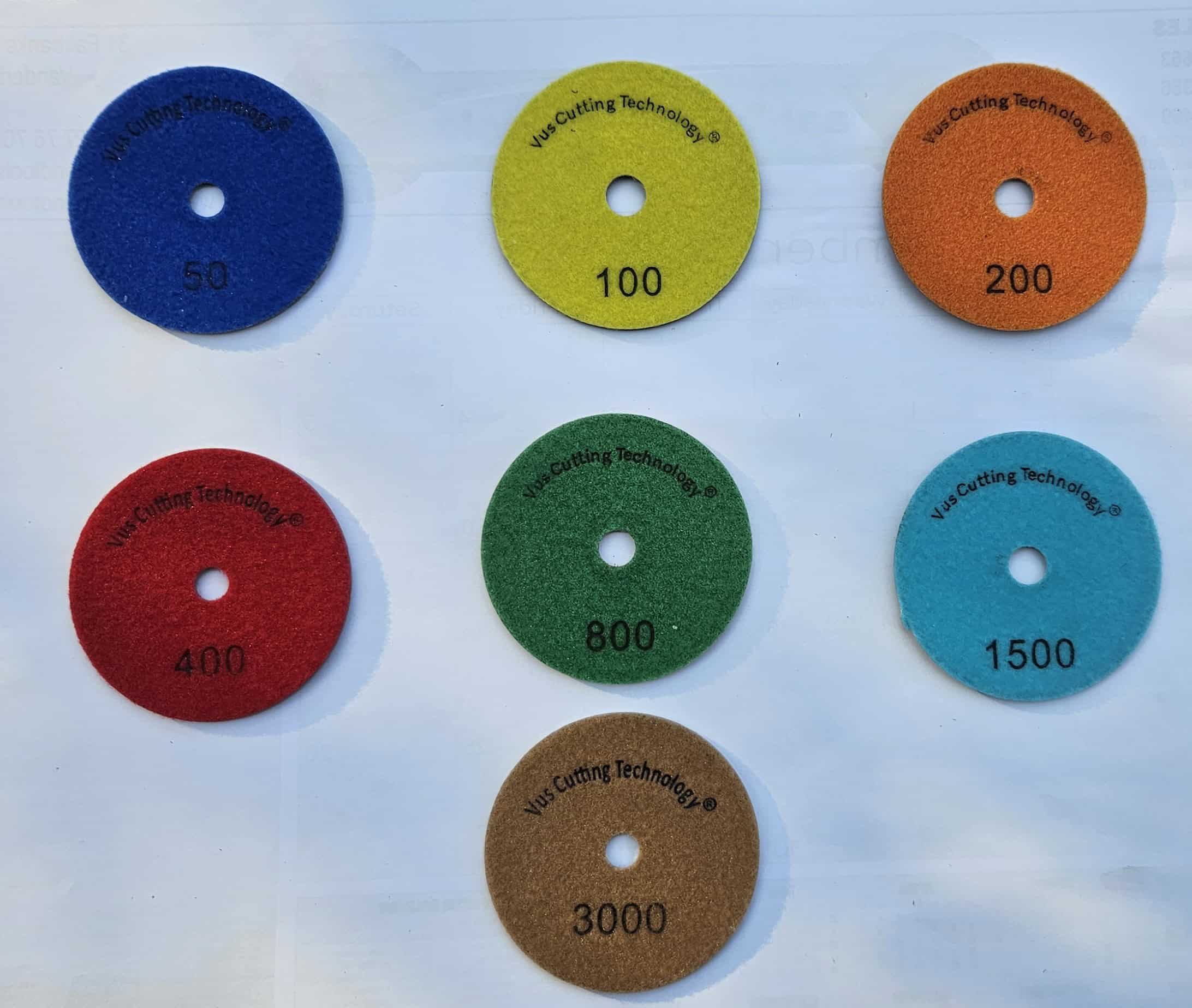 VCT 7-step diamond polishing pads set – colour-coded 50 to 3000 grit for granite and marble – flat lay