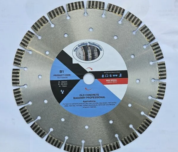 The VCT B1 (VCT1535030) is a 350mm silver brazed diamond blade built for the most demanding wet cutting applications on South African construction sites. Designed specifically for old concrete and hard masonry — materials that quickly destroy inferior blades — the B1 combines a silver brazed segment bond with a deep 15mm diamond segment to deliver long-lasting, aggressive cutting performance on the hardest, densest site materials. At 350mm, this blade is designed for floor saws, road saws, and walk-behind cutting machines used in high-production environments such as road construction, civil engineering projects, and heavy-duty demolition work. The silver brazing process creates a strong metallurgical bond between the diamond-impregnated segment and the steel core, ensuring the segments remain securely attached even under the sustained heat and vibration generated during deep wet cutting of old, cured concrete. This is a professional-grade blade. The deep 15mm segment height means significantly more cutting life compared to standard 7mm or 10mm segments — making it a cost-effective choice for contractors and hire companies running high-volume cutting operations. Best For • Old and very hard cured concrete — slabs, footings, foundations, and hardened structures • Clay pavers and hard paving slabs on road and civil construction projects • Hard clay and vitrified clay products • Roof tiles and clay roofing materials • Reinforced concrete containing rebar and wire mesh • Refractory materials used in industrial and furnace applications • High-production floor and road saw operations requiring extended blade life • Civil engineering contractors, road-cutting crews, and plant hire companies Why Silver Brazed? Silver brazing is a high-temperature bonding process that fuses the diamond segments to the steel core using a silver-alloy filler metal. This creates a bond that is well-suited to wet cutting applications, where water cooling reduces blade temperature and allows the silver brazed joint to perform reliably over extended use. For old concrete and hard masonry — where cutting resistance is high and blade temperatures build quickly — wet cutting with a silver brazed blade is the preferred approach. The water suppresses dust, cools the blade, and extends both the segment life and the integrity of the brazed bond, resulting in more cuts per blade compared to dry cutting alternatives on the same material. The 15mm segment height on the B1 adds further value: as the outer diamond layer wears through normal use, fresh diamond-impregnated material is continuously exposed, maintaining cutting efficiency deep into the blade’s working life. Technical Specifications Model B1 Product Code VCT1535030 Brand Vus Cutting Technology Diameter (Ø) 350mm Bore / Arbour Size (B) 25.4mm Segment Height (H) 15mm Segment Type Silver Brazed Max Speed 4,366 RPM / 80 m/s Cutting Method Wet cutting Application Old concrete, hard masonry, clay pavers, reinforced concrete, refractory materials Machine Compatibility The VCT B1 is designed for floor saws, road saws, and walk-behind cutting machines with a 25.4mm (1-inch) arbour — the standard bore size on most 350mm floor and road saws. Always confirm your machine’s maximum disc diameter and rated operating speed before fitting. Your machine’s rated speed must not exceed the blade’s maximum speed of 4,366 RPM. This blade is not designed for use on hand-held angle grinders. For 230mm angle grinder blades, see the Earth THDS7223 and other blades in our construction range. Safety & PPE Wet cutting with a floor saw or road saw at 350mm generates significant hazards. Always observe the following before and during use: • Ensure adequate water supply is connected and flowing before cutting begins — never run a wet cutting blade dry • Wear a full face shield and safety glasses to protect against water, slurry, and debris • Use hearing protection — floor saws and road saws produce sustained high noise levels • Wear waterproof outerwear and rubber boots to protect against cutting slurry • Even with wet cutting, wear an appropriate dust mask when slurry dries on site • Inspect the blade before each use for cracks, missing segments, or damage to the steel core • Never exceed the maximum operating speed of 4,366 RPM • Ensure the blade is correctly fitted and the blade guard is in place before starting the machine