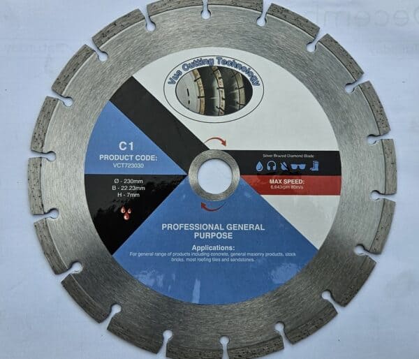 US Cutting Technology C1 Professional General Purpose Silver Brazed Diamond Blade, 230mm diameter, product code VCT723030, max speed 6643rpm / 80m/s, suitable for concrete, general masonry, stock bricks, roofing tiles and sandstone