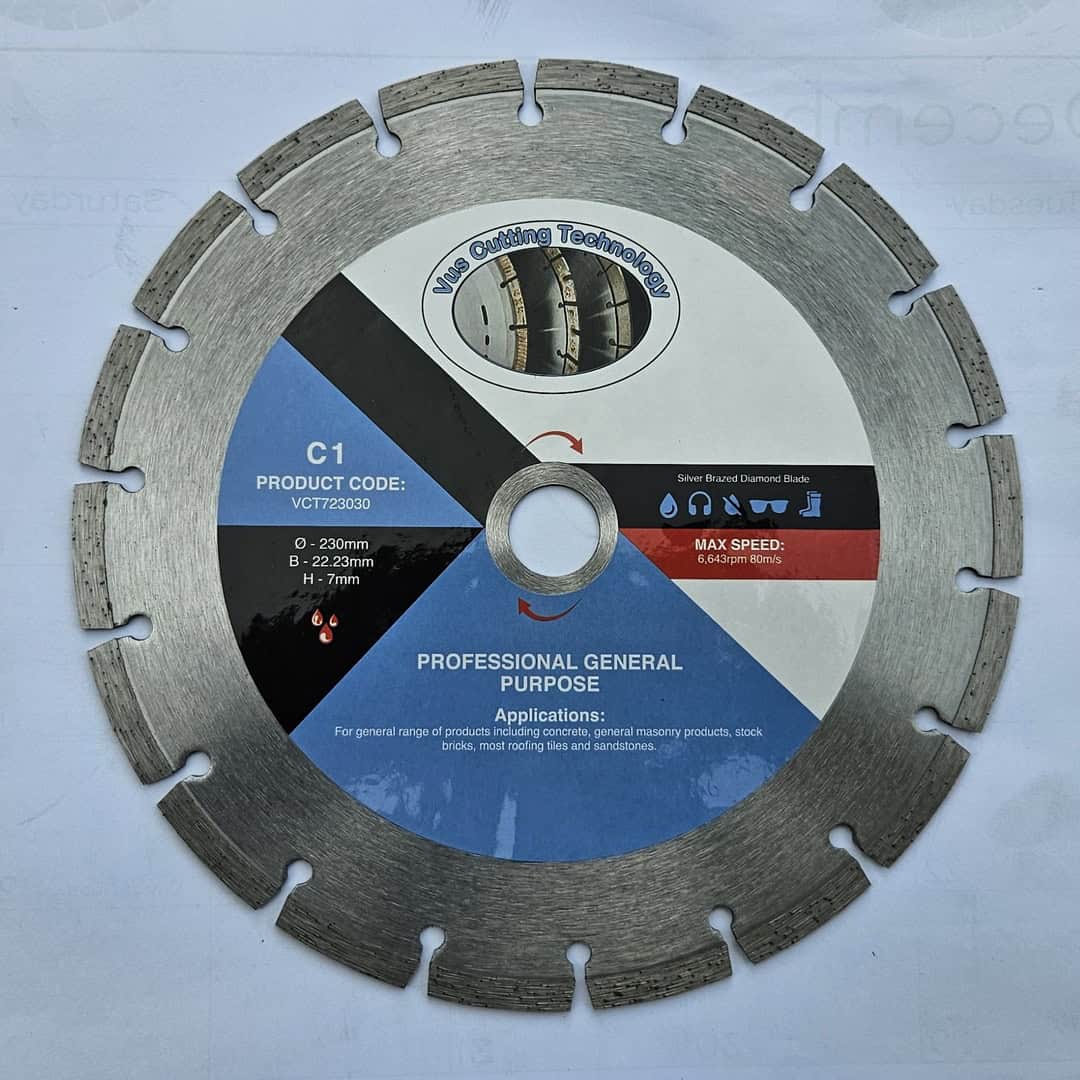 US Cutting Technology C1 Professional General Purpose Silver Brazed Diamond Blade, 230mm diameter, product code VCT723030, max speed 6643rpm / 80m/s, suitable for concrete, general masonry, stock bricks, roofing tiles and sandstone