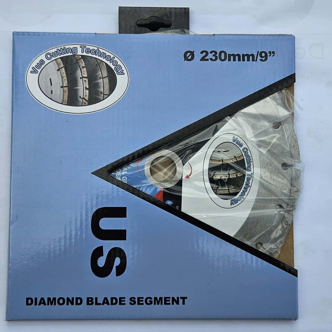 VUS Cutting Technology C1 diamond blade segment retail packaging, 230mm / 9 inch, blue cardboard box with V-shaped window revealing the blade inside