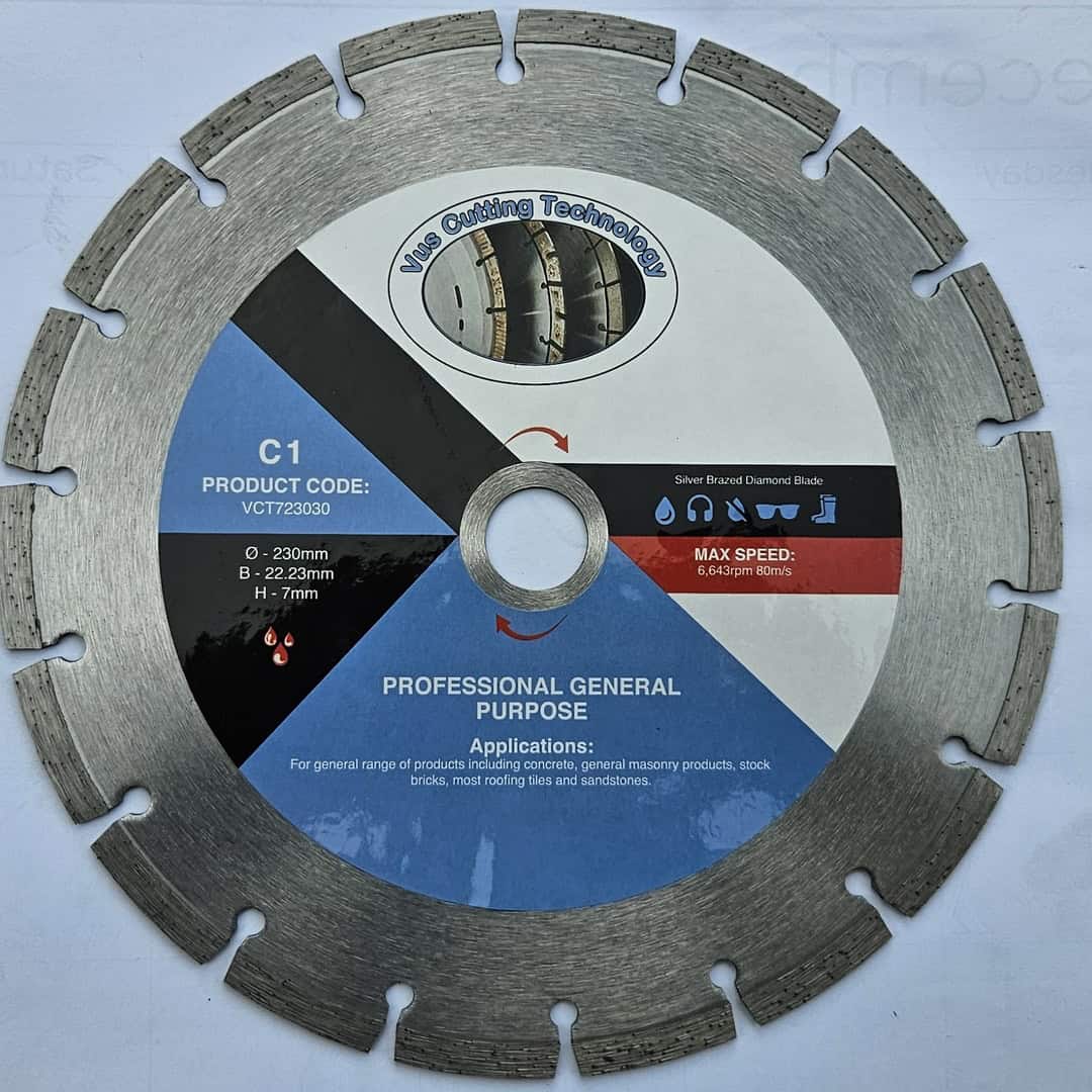 VUS Cutting Technology C1 Professional General Purpose Silver Brazed Diamond Blade, 230mm diameter, product code VCT723030, max speed 6643rpm / 80m/s, suitable for concrete, general masonry, stock bricks, roofing tiles and sandstone