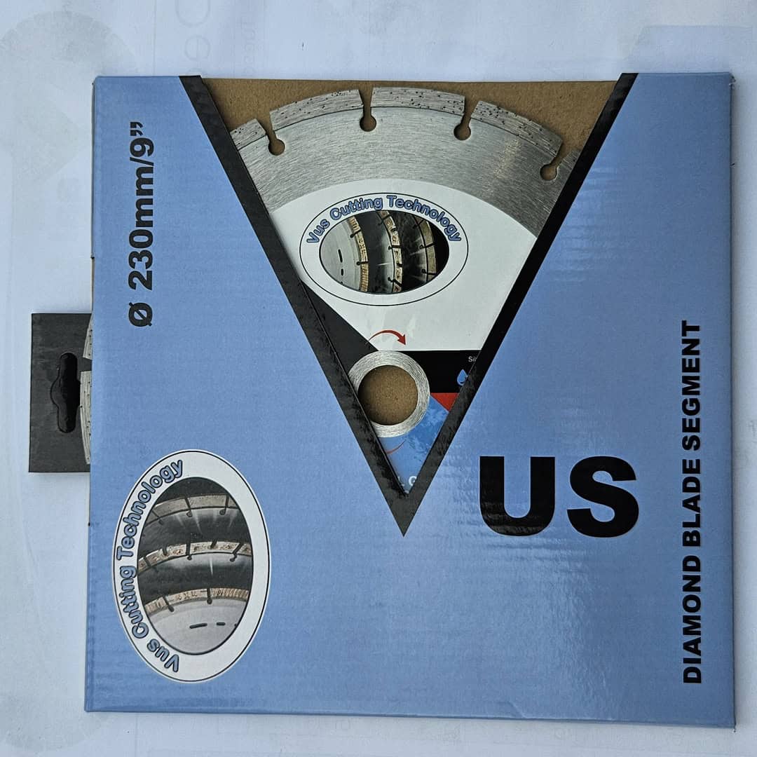 VUS Cutting Technology C1 diamond blade segment retail packaging, 230mm / 9 inch, blue cardboard box with V-shaped window revealing the blade inside