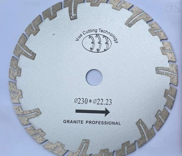 VCT 230mm T-segment diamond blade for granite - disc view showing T-shaped segment profile and 22.23mm bore, Granite Professional